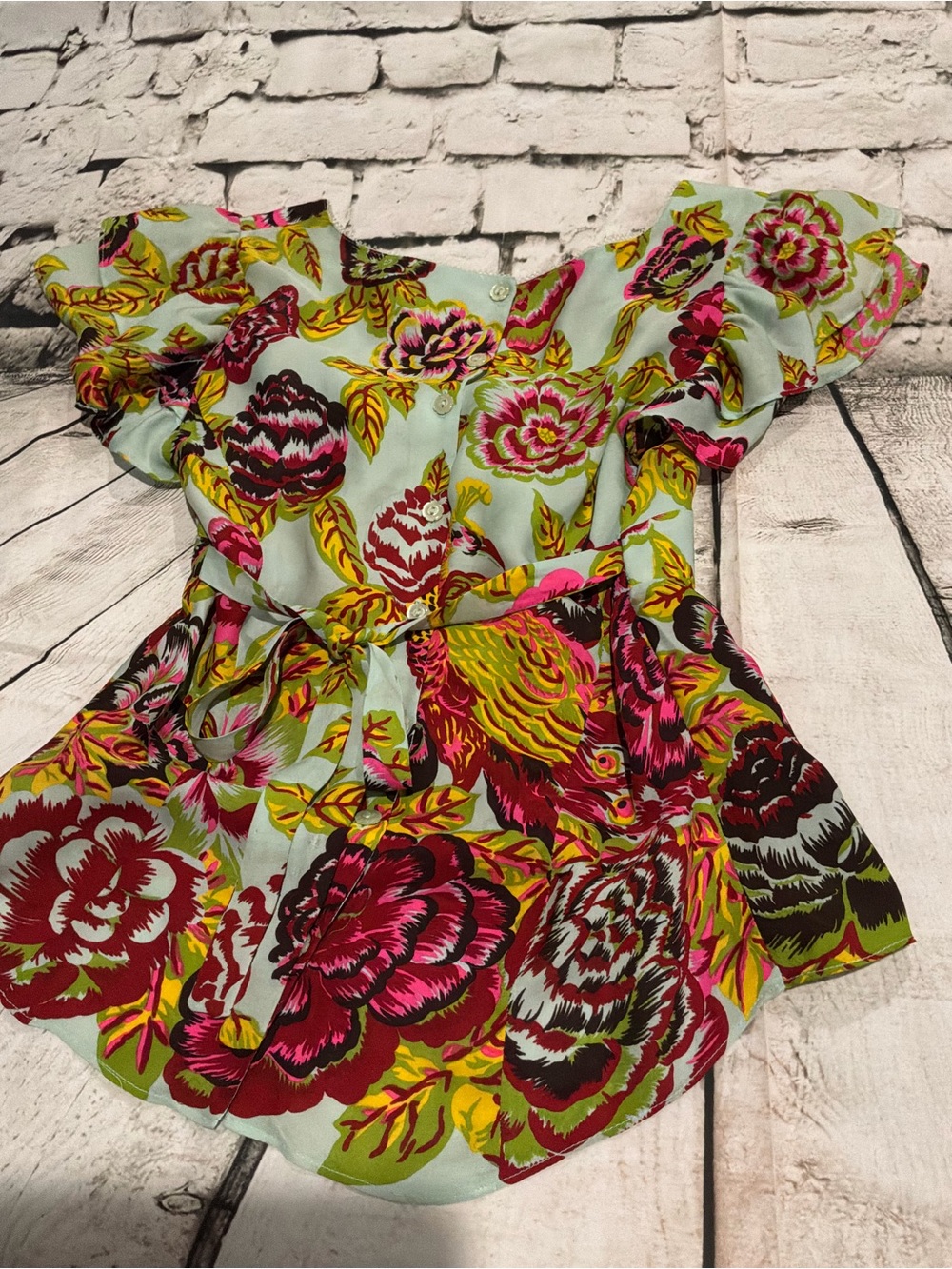 Vintage Nanette Lepore Mint Floral Ruffle Sleeve Dress with Pink & Yellow Blooms
